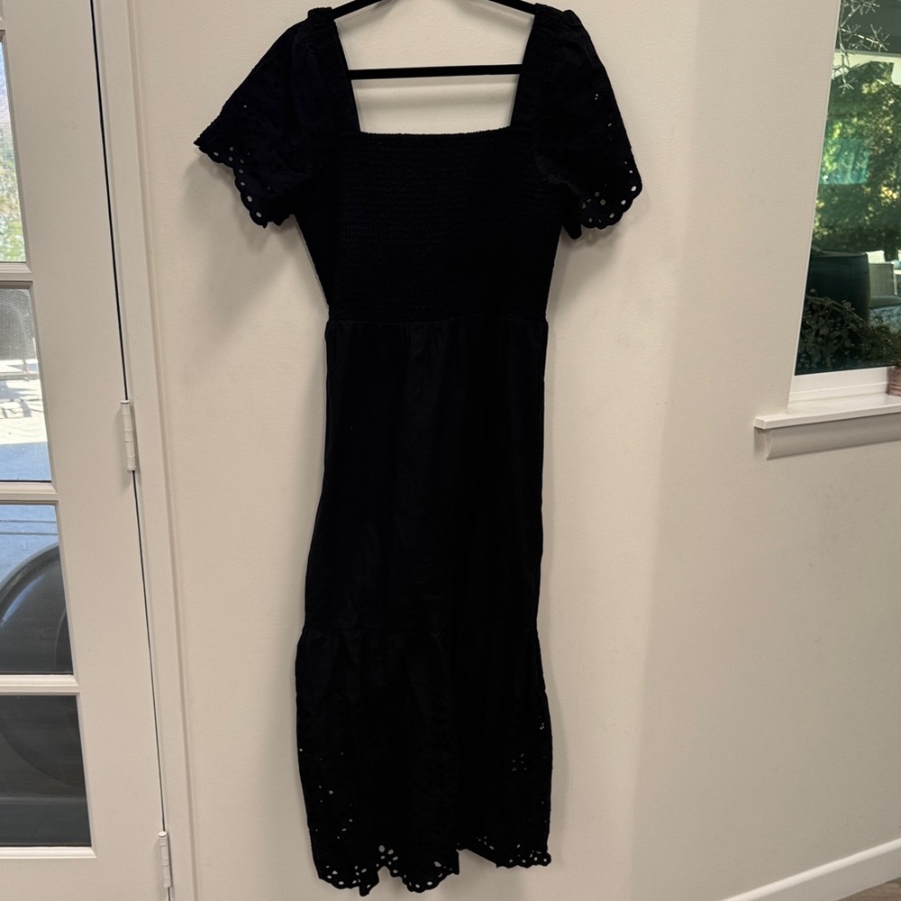 Whistles Black Midi Dress with Eyelet Sleeves